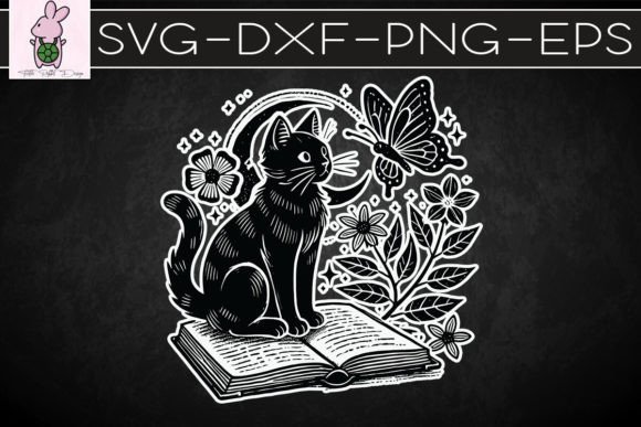 Black Cat Read Book Butterfly SVG Graphics for Crafts